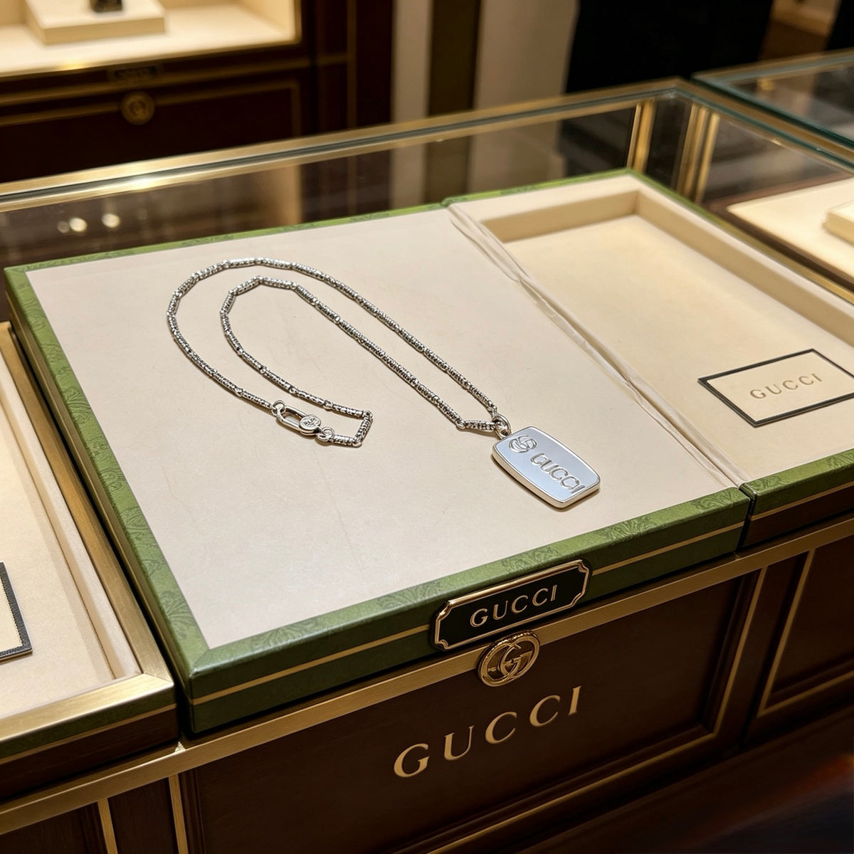 Double-G Emblem Pendant Necklace in Polished Metal-Tone – Design 015 styled product view