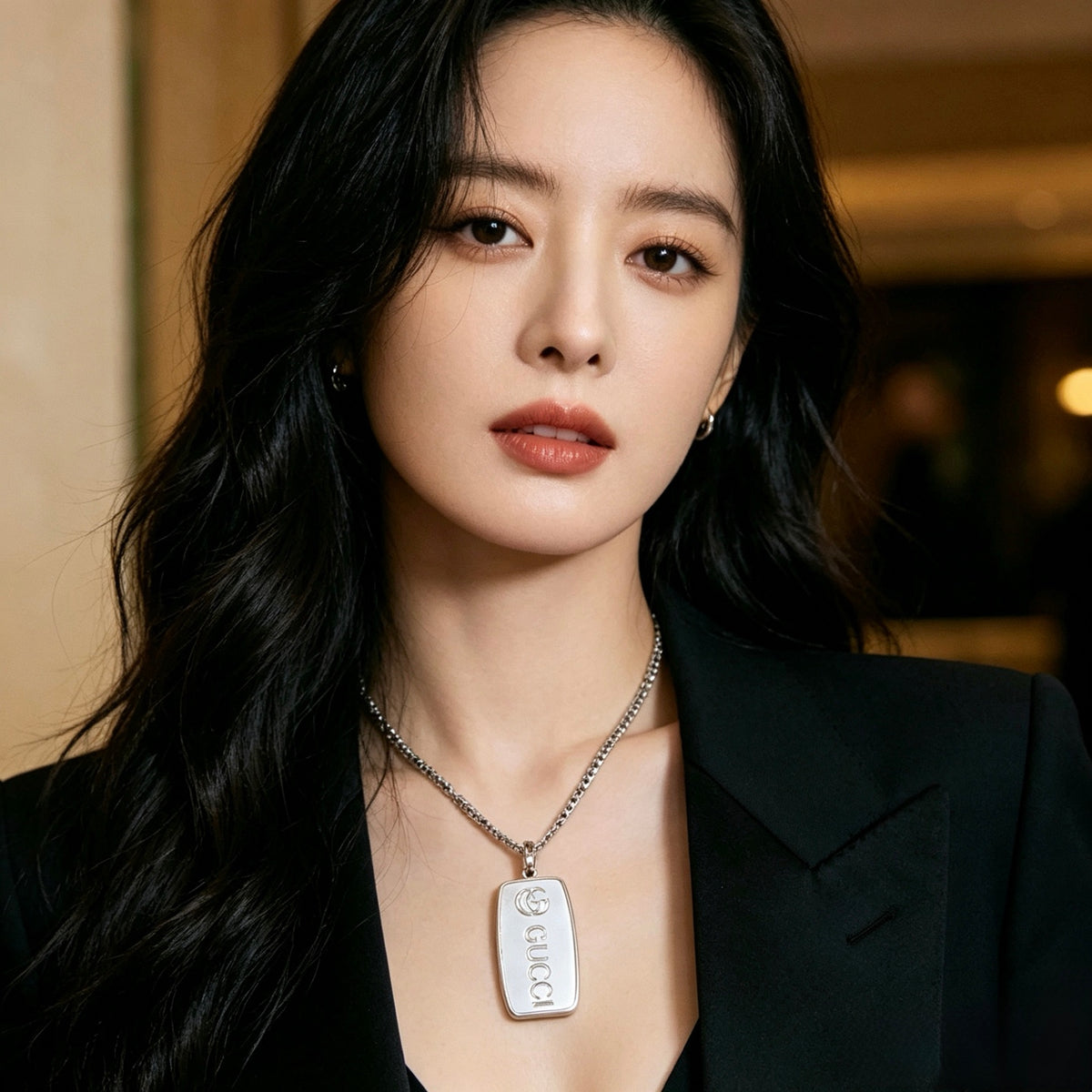 Double-G Emblem Pendant Necklace in Polished Metal-Tone – Design 015 detail view