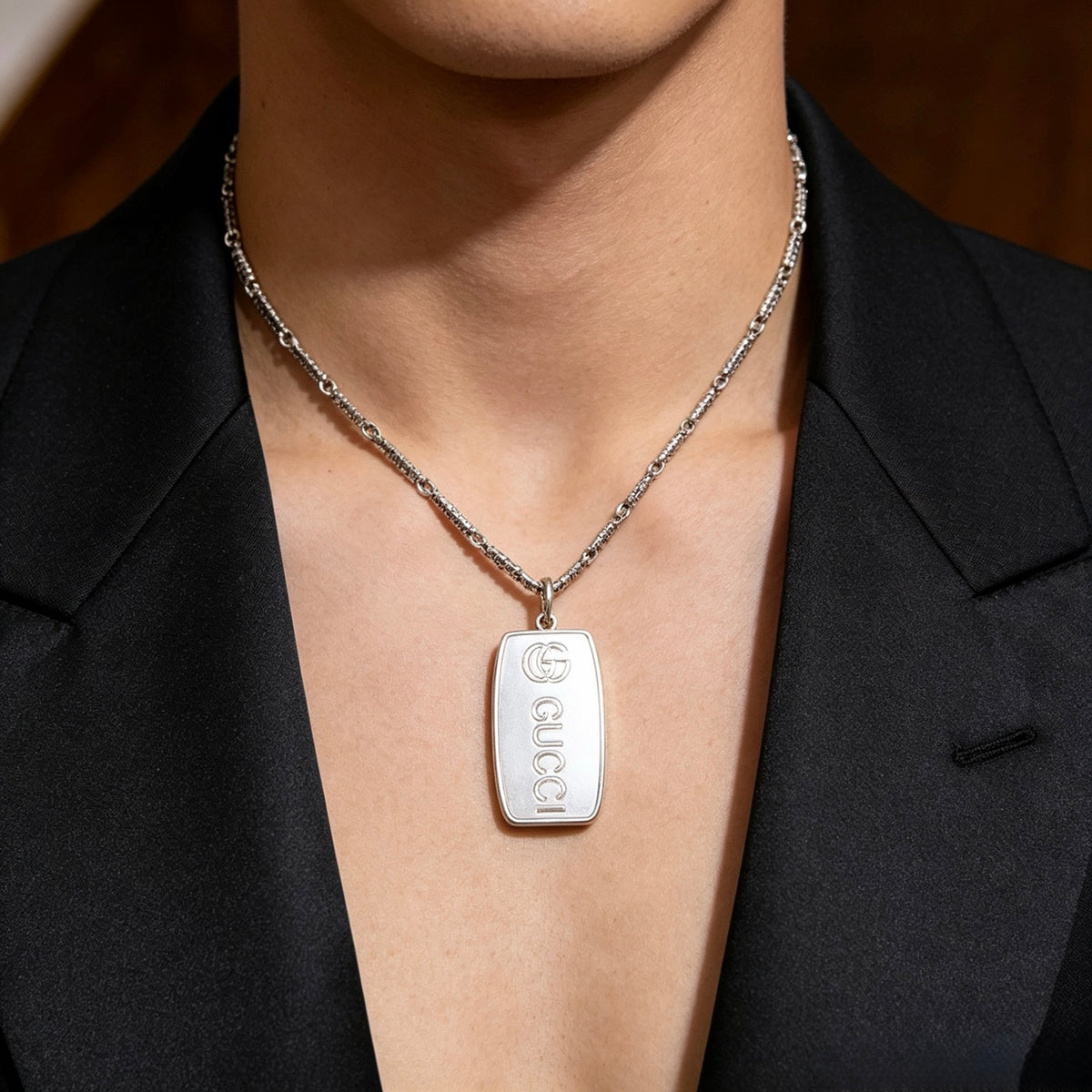 Double-G Emblem Pendant Necklace in Polished Metal-Tone – Design 015 main product view