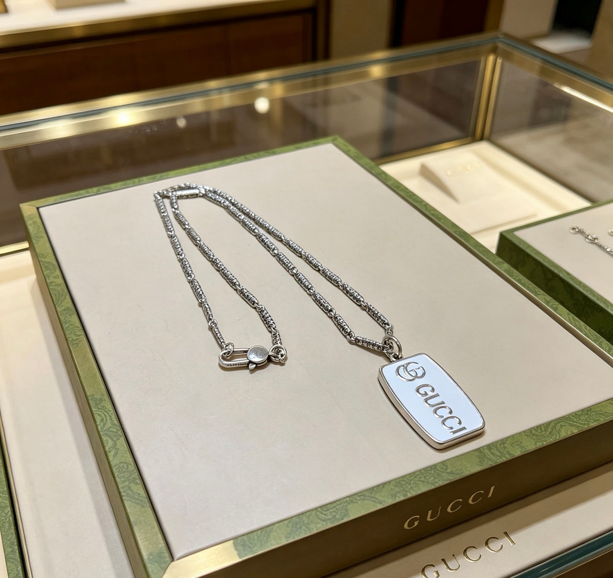 Double-G Emblem Pendant Necklace in Polished Metal-Tone – Design 015 front product view