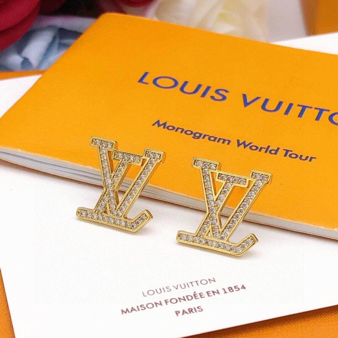 Letter Emblem Stud Earrings in Gold-Tone – Design 001 detail view