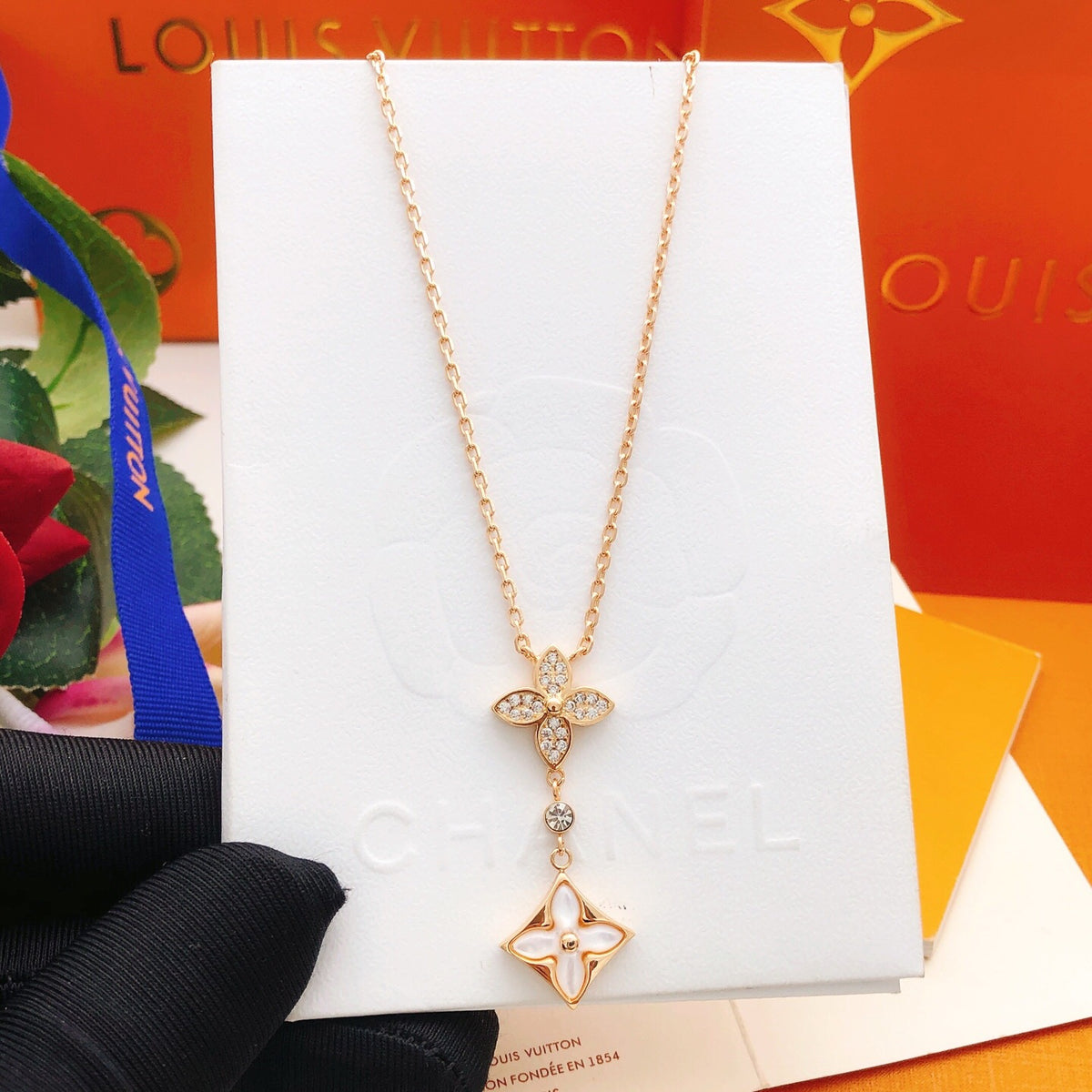 Geometric Emblem Pendant Necklace in Rose-Gold-Tone – Rose Gold Detail – Design 003 close-up detail