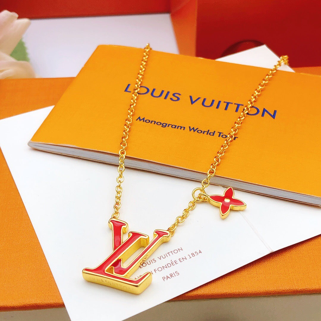 Geometric Emblem Pendant Necklace in Gold-Tone – Red Detail side detail