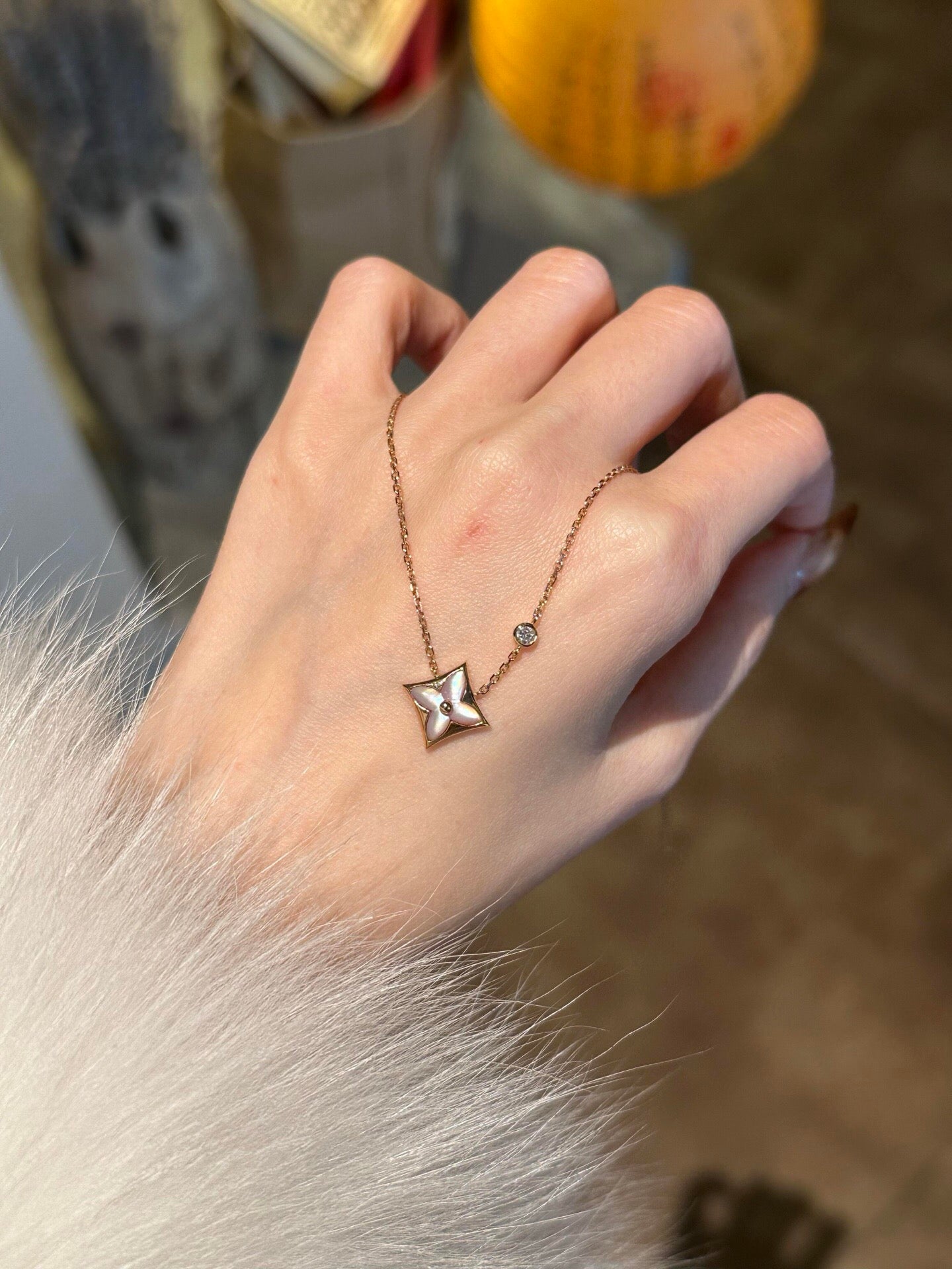 Geometric Emblem Pendant Necklace in Gold-Tone – White Detail side detail