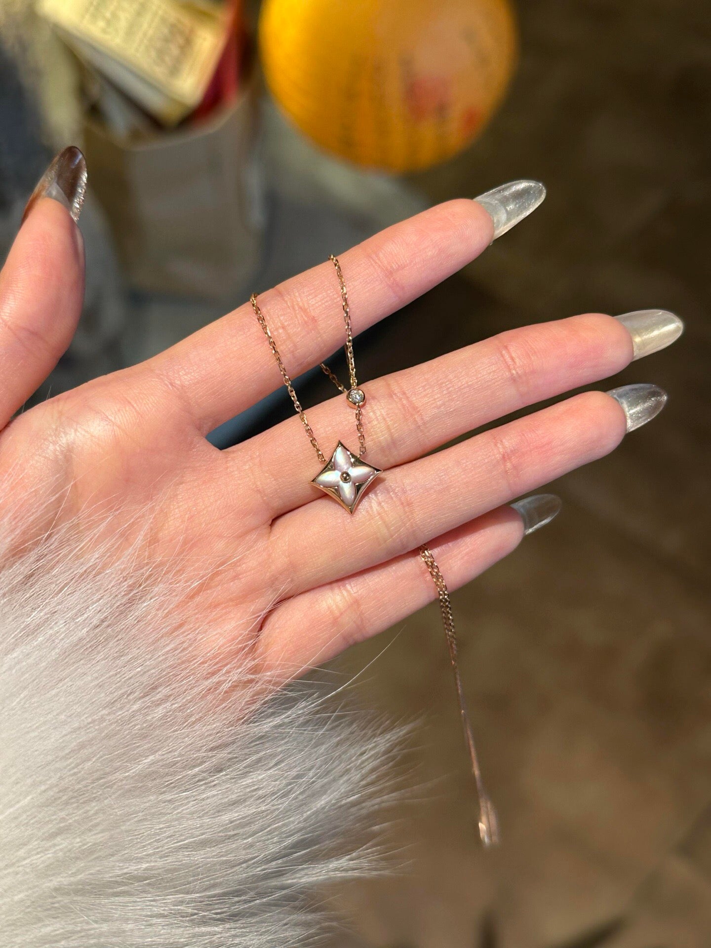 Geometric Emblem Pendant Necklace in Gold-Tone – White Detail detail view