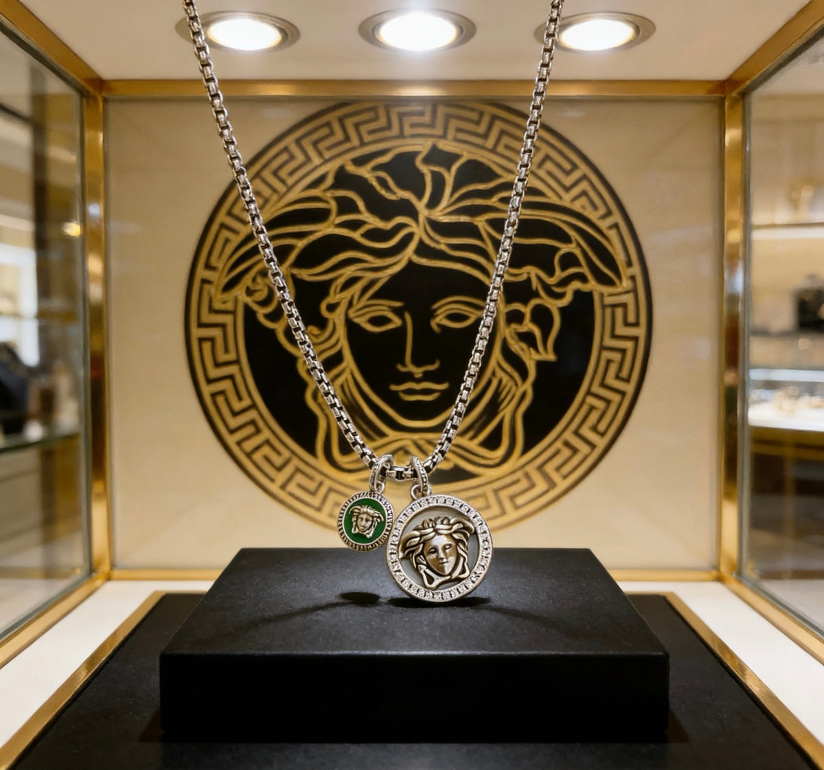 Medusa Head Pendant Necklace in Antique Silver-Tone – 60 cm – Design 03 front product view