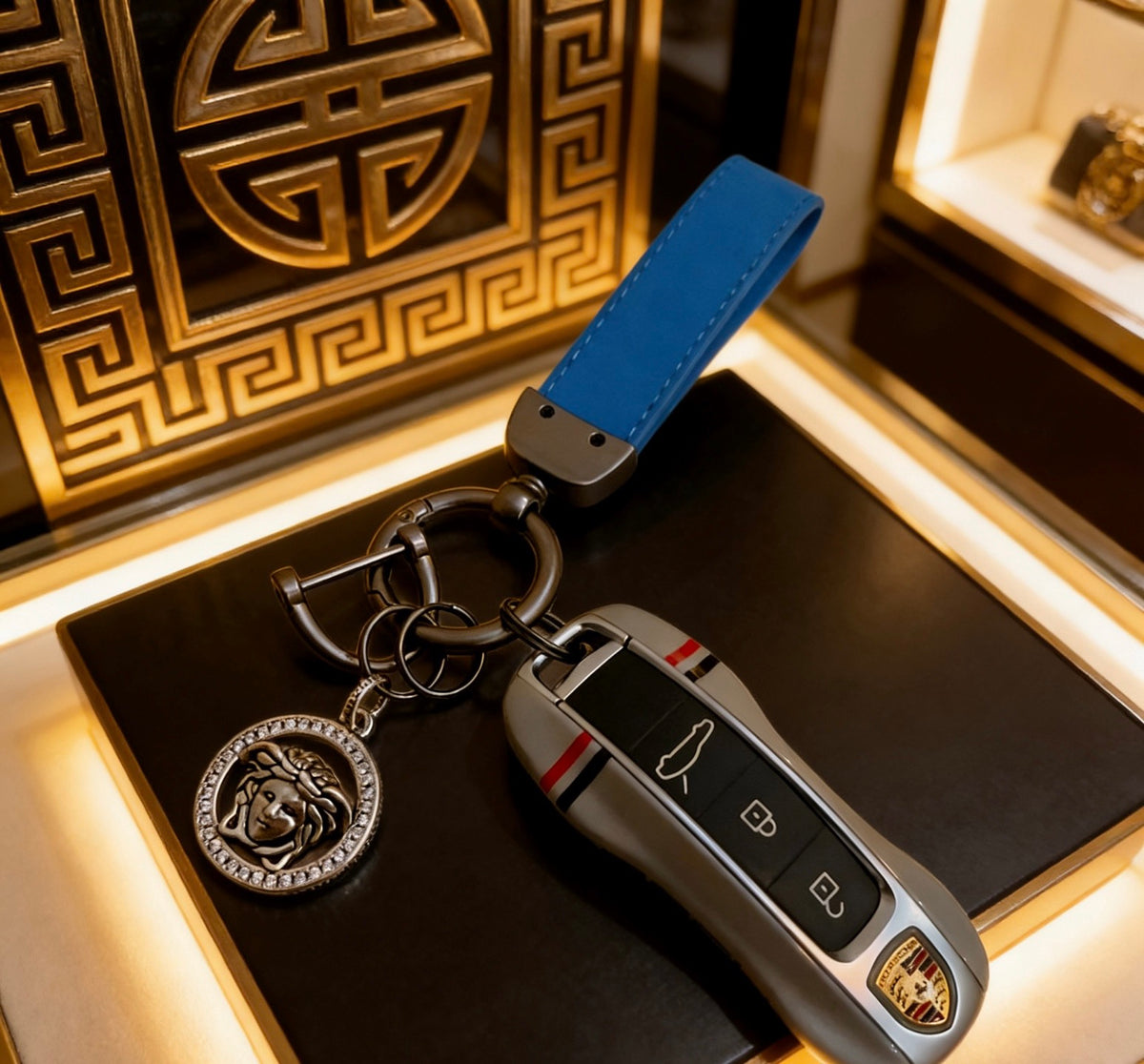 Statement Emblem Bag Charm Keychain with Distressed Finish – Streetwear – Design 03 main product view