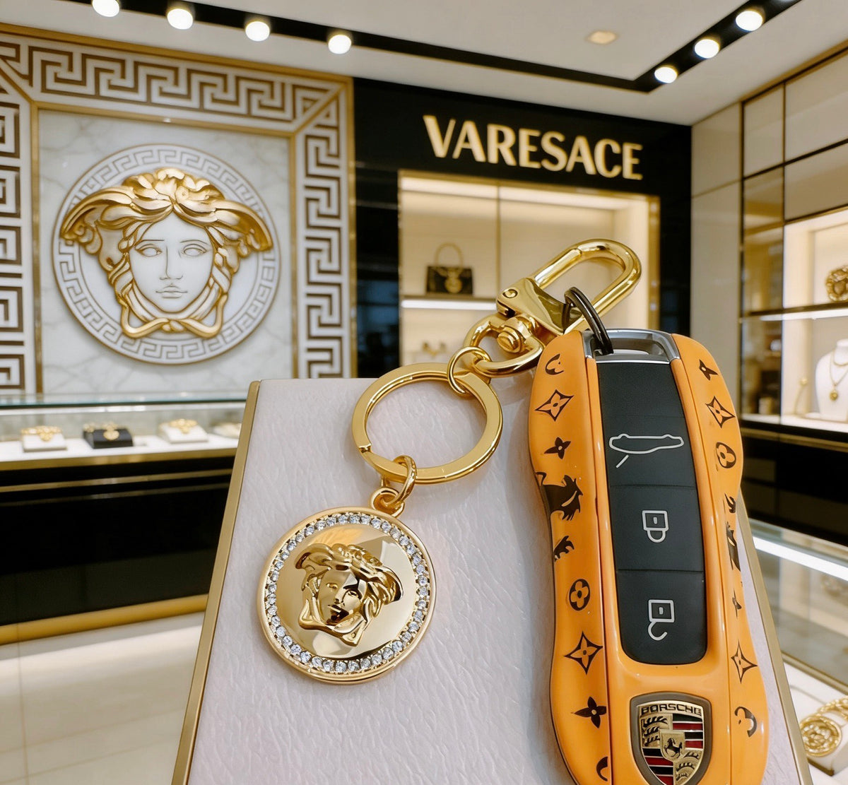 Statement Emblem Bag Charm Keychain with Distressed Finish – Streetwear styled product view