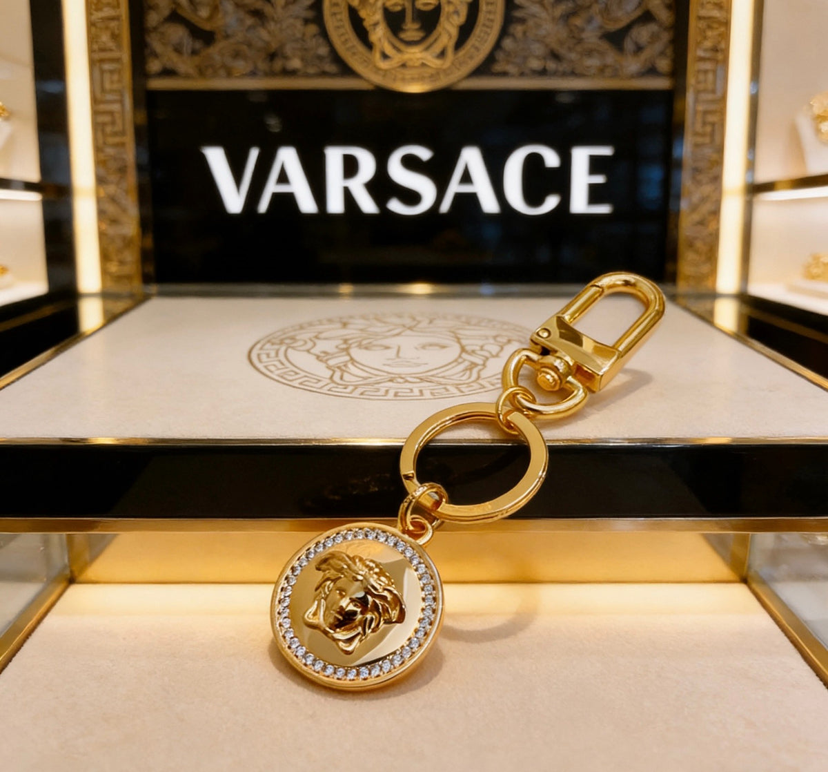 Statement Emblem Bag Charm Keychain with Distressed Finish – Streetwear detail view
