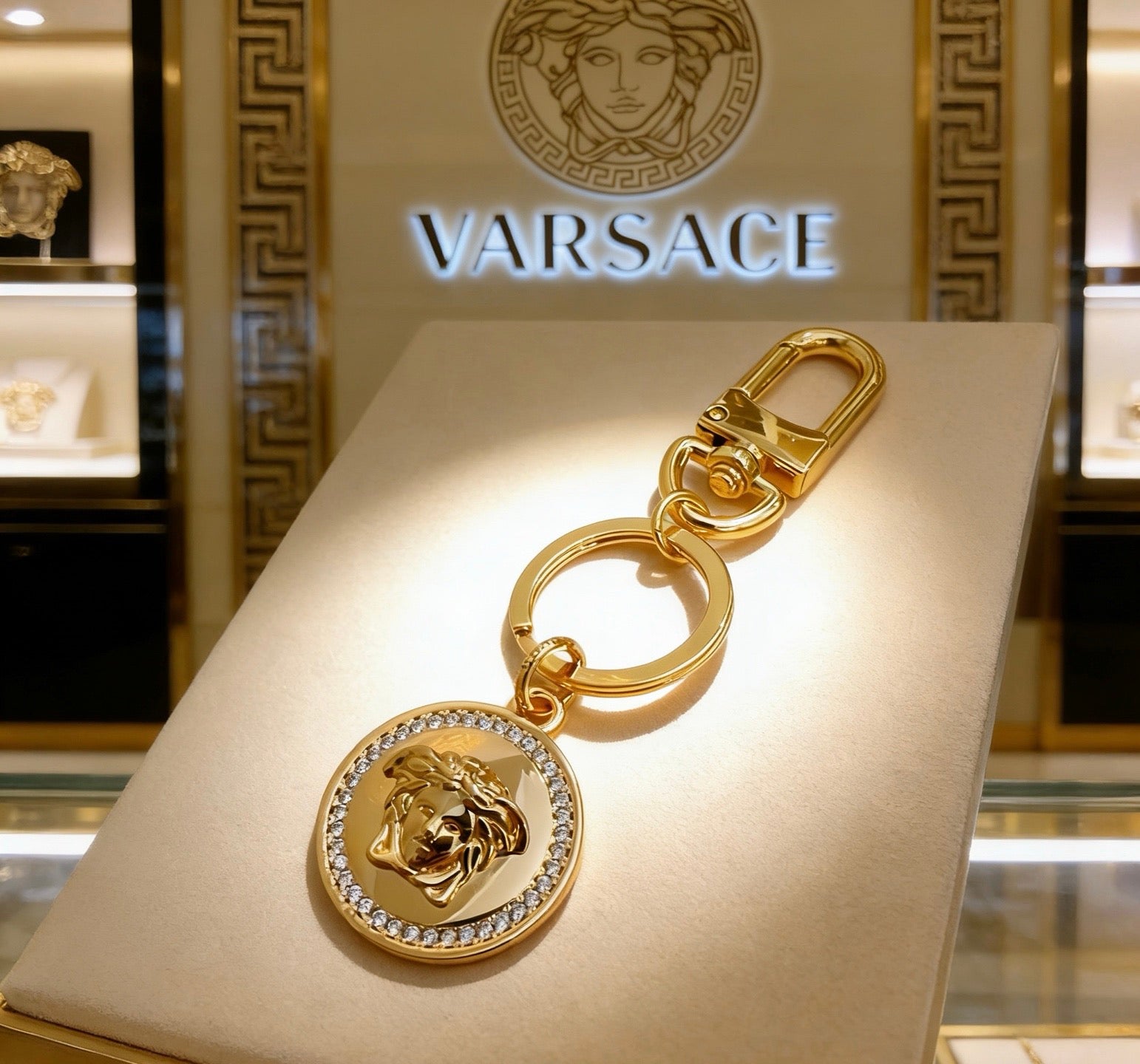 Statement Emblem Bag Charm Keychain with Distressed Finish – Streetwear close-up detail
