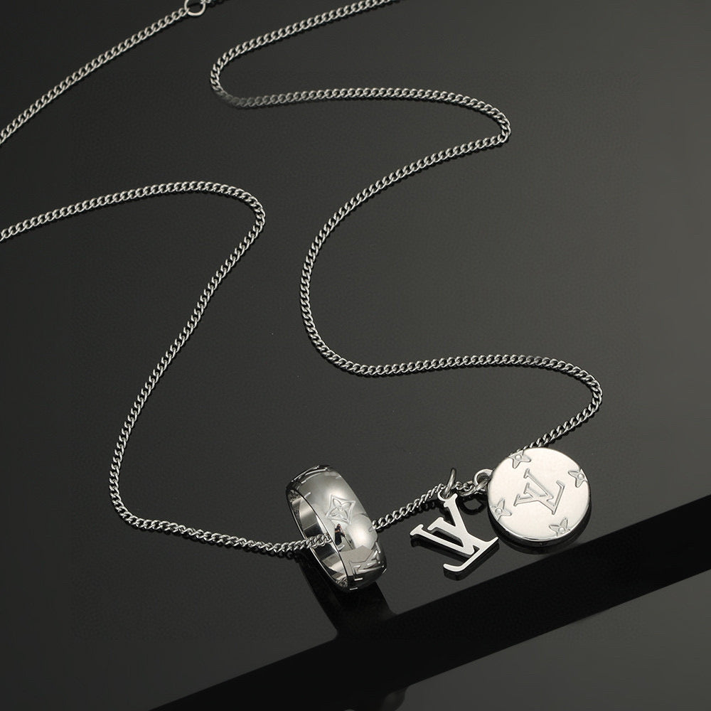 Letter Emblem Pendant Necklace in Polished Metal-Tone – Design 003 close-up detail