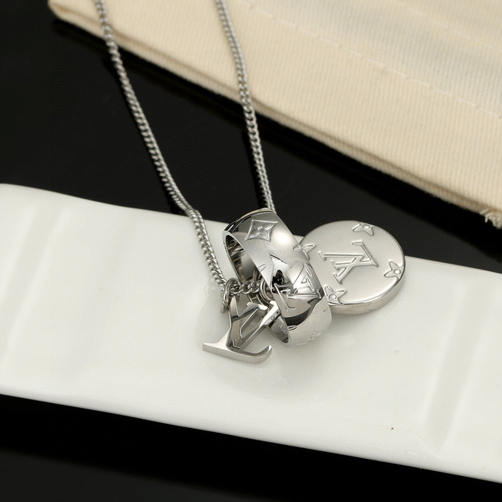Letter Emblem Pendant Necklace in Polished Metal-Tone – Design 003 front product view