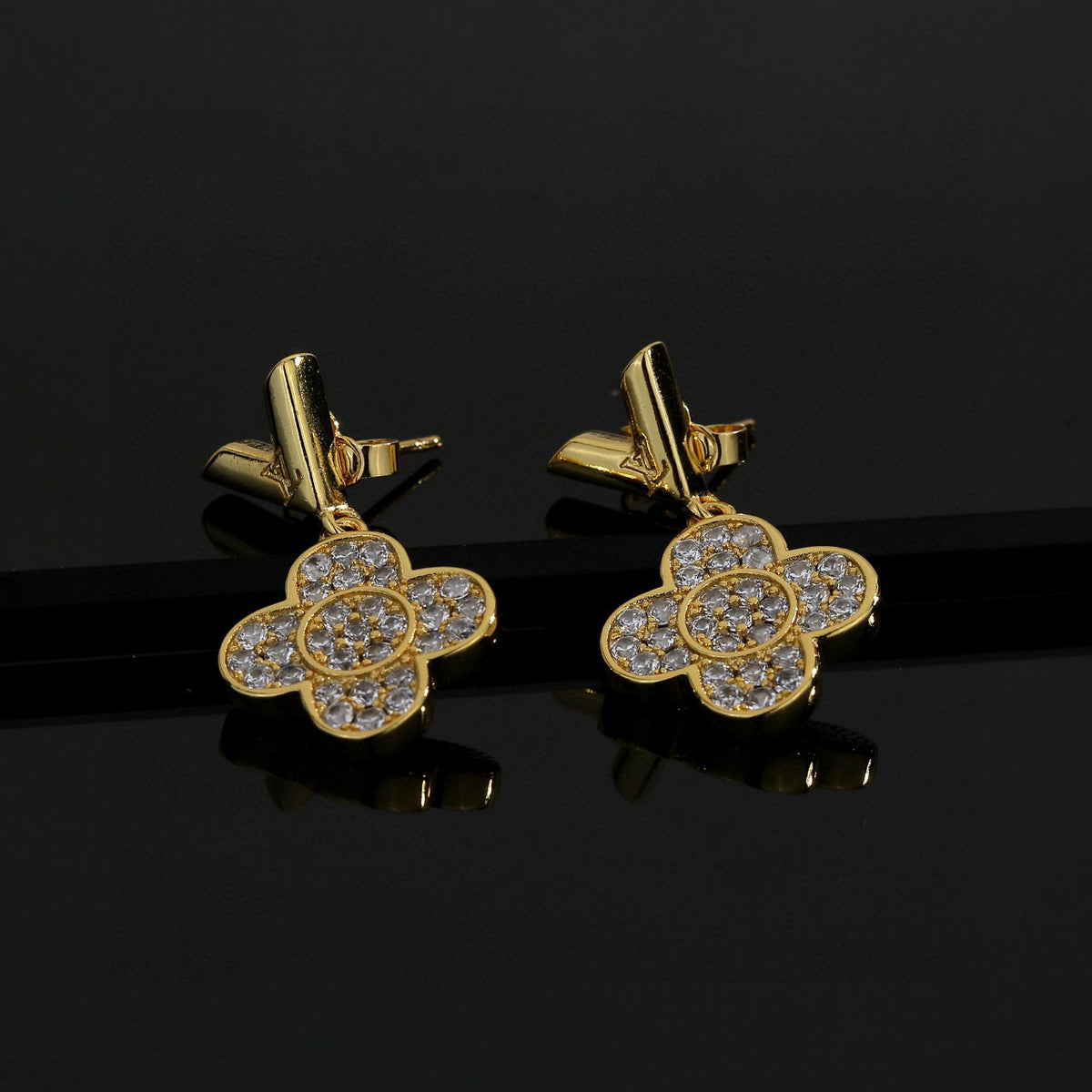 Geometric Emblem Stud Earrings in Polished Metal-Tone – Design 001 front product view