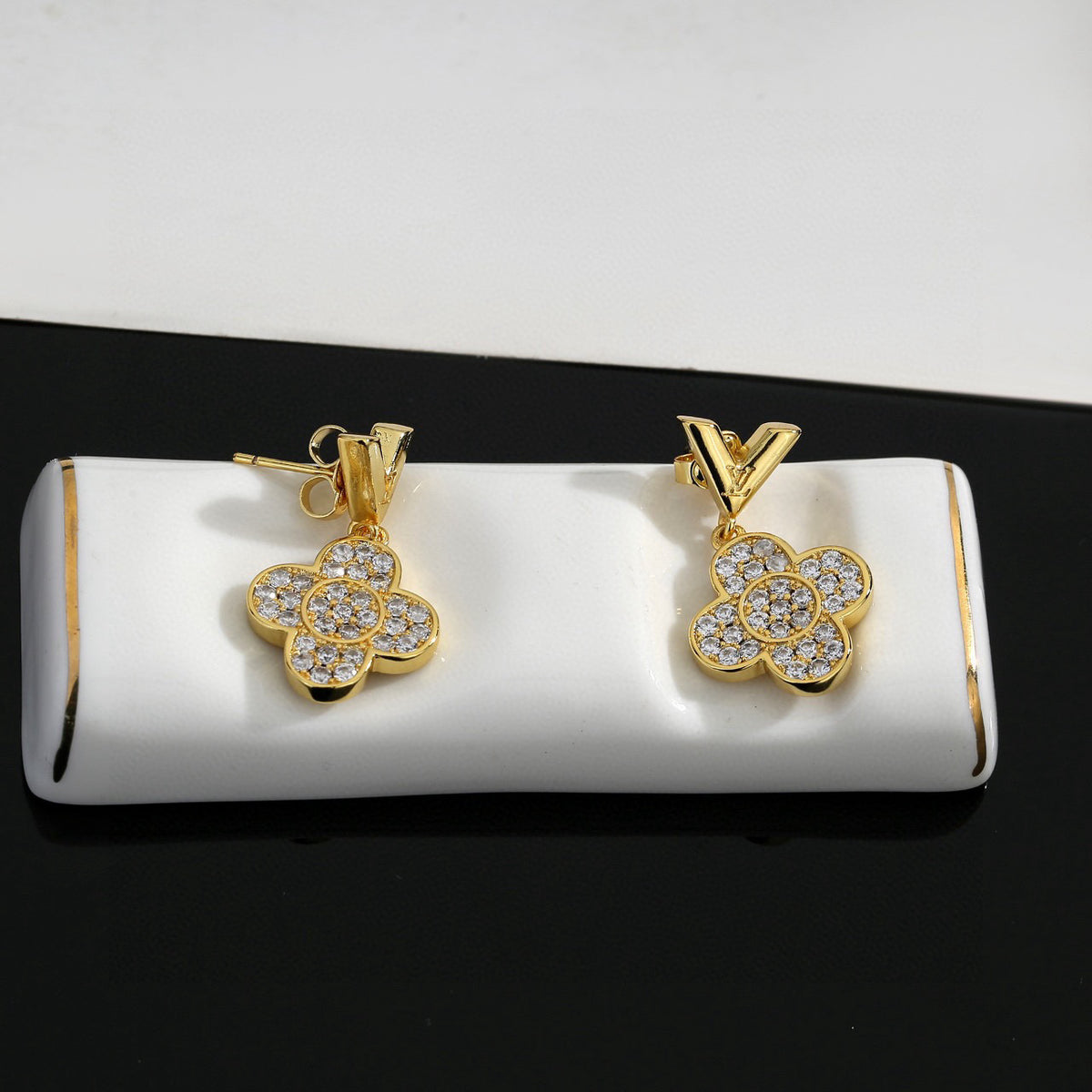 Geometric Emblem Stud Earrings in Polished Metal-Tone – Design 001 side detail