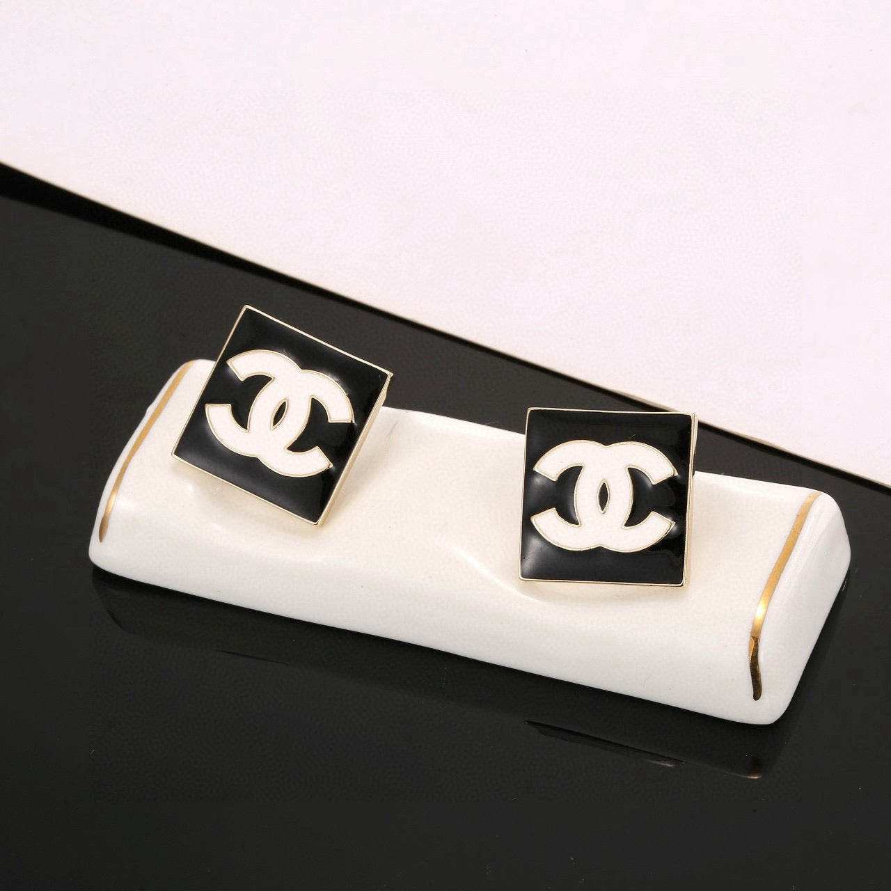 Double-C Emblem Stud Earrings in Gold-Tone – Design 006 detail view