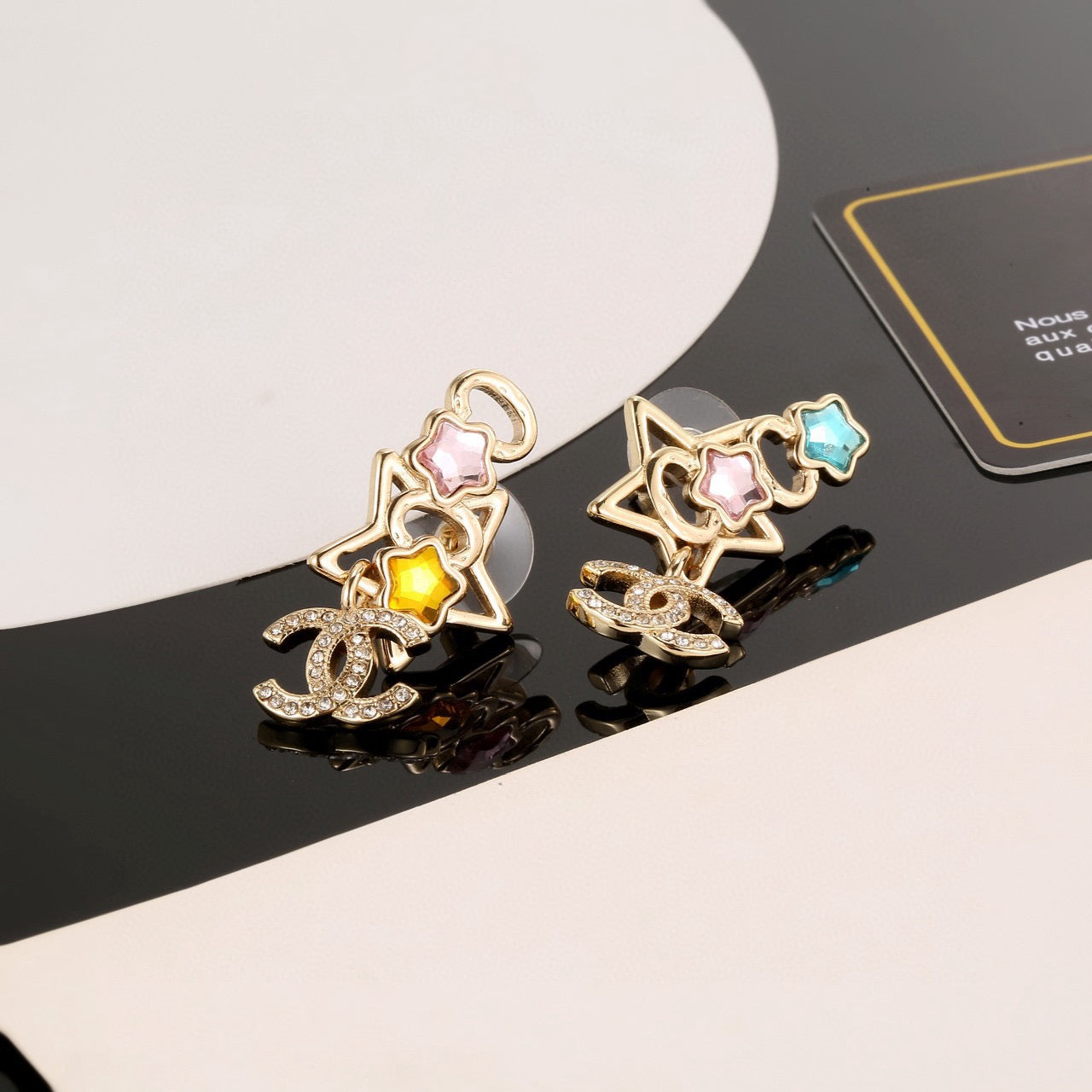 Double-C Emblem Stud Earrings in Gold-Tone – Star Detail – Design 002 front product view