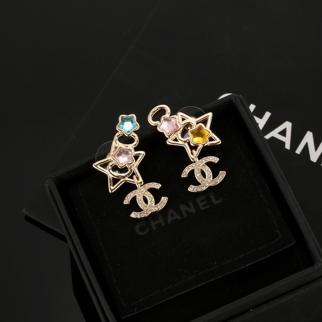 Double-C Emblem Stud Earrings in Gold-Tone – Star Detail – Design 002 main product view
