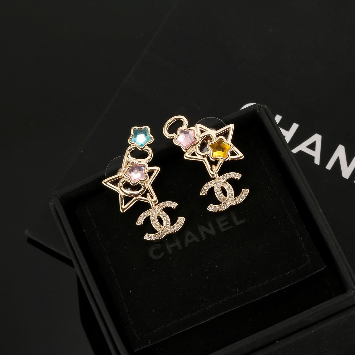 Double-C Emblem Stud Earrings in Gold-Tone – Star Detail – Design 002 main product view