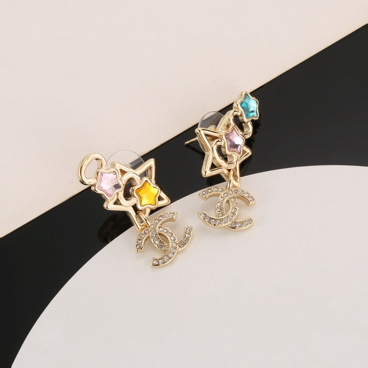 Double-C Emblem Stud Earrings in Gold-Tone – Star Detail main product view
