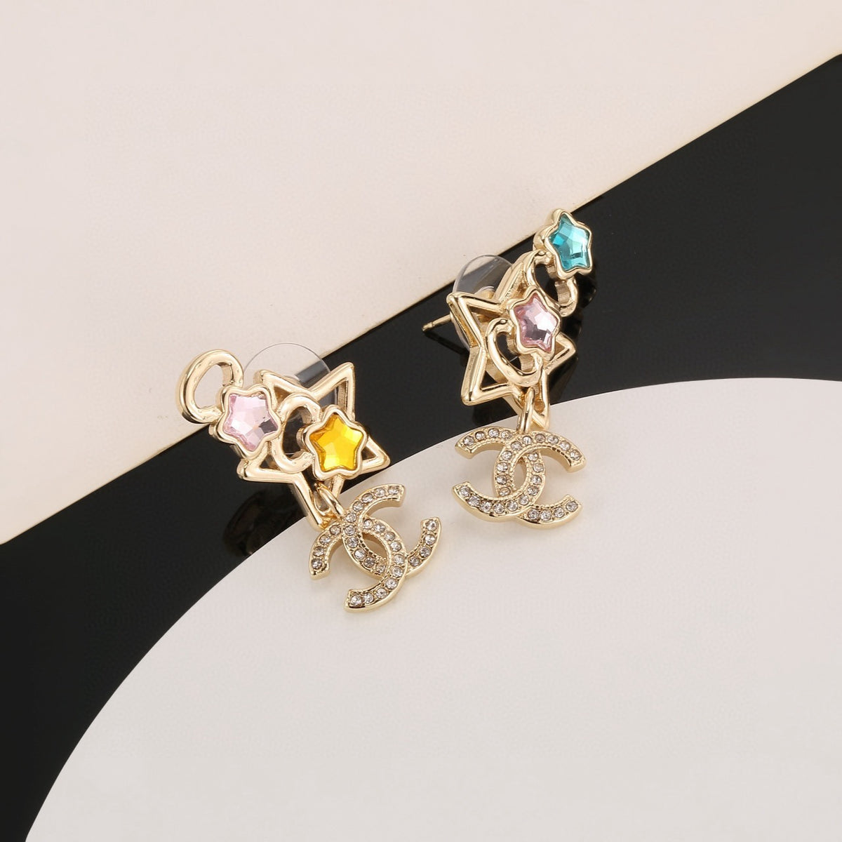Double-C Emblem Stud Earrings in Gold-Tone – Star Detail – Design 002 main product view