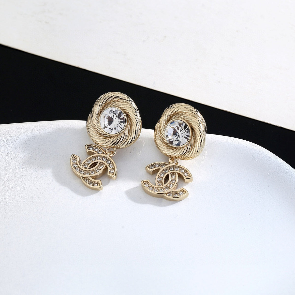 Double-C Emblem Stud Earrings in Gold-Tone – Design 001 close-up detail