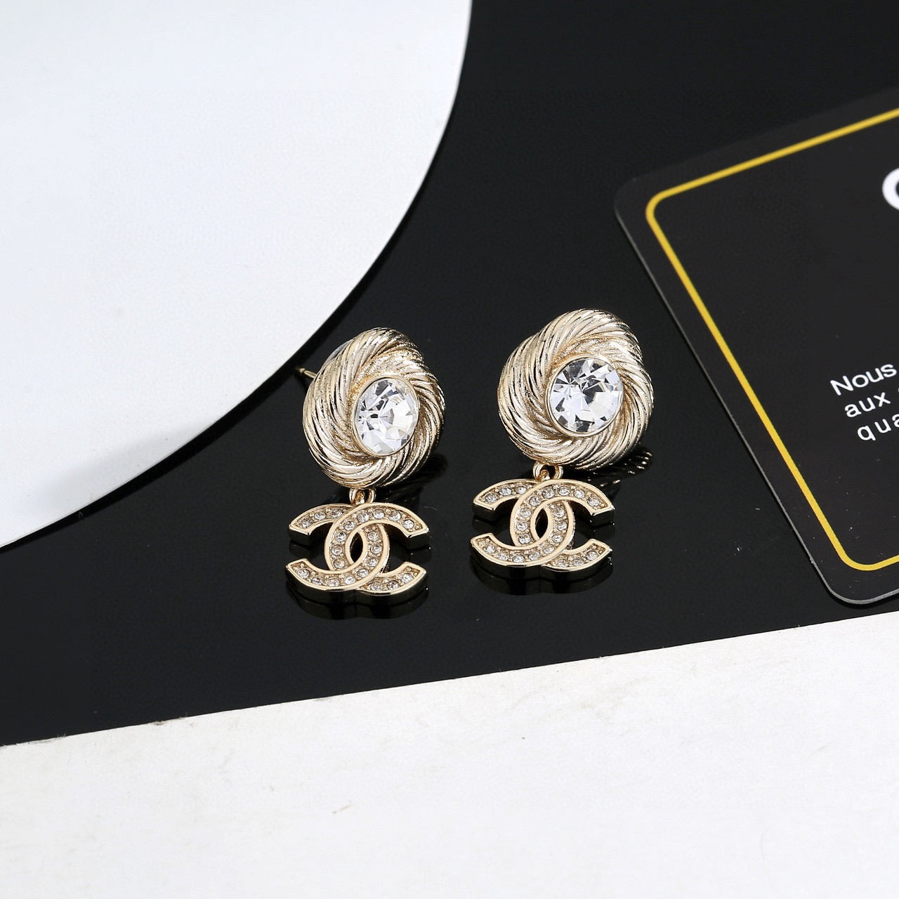Double-C Emblem Stud Earrings in Gold-Tone – Design 001 detail view