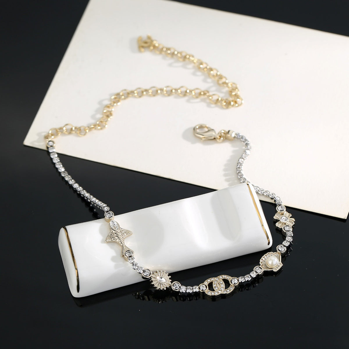 Double-C Emblem Pearl-Detail Pendant Necklace – Pearl Detail side detail