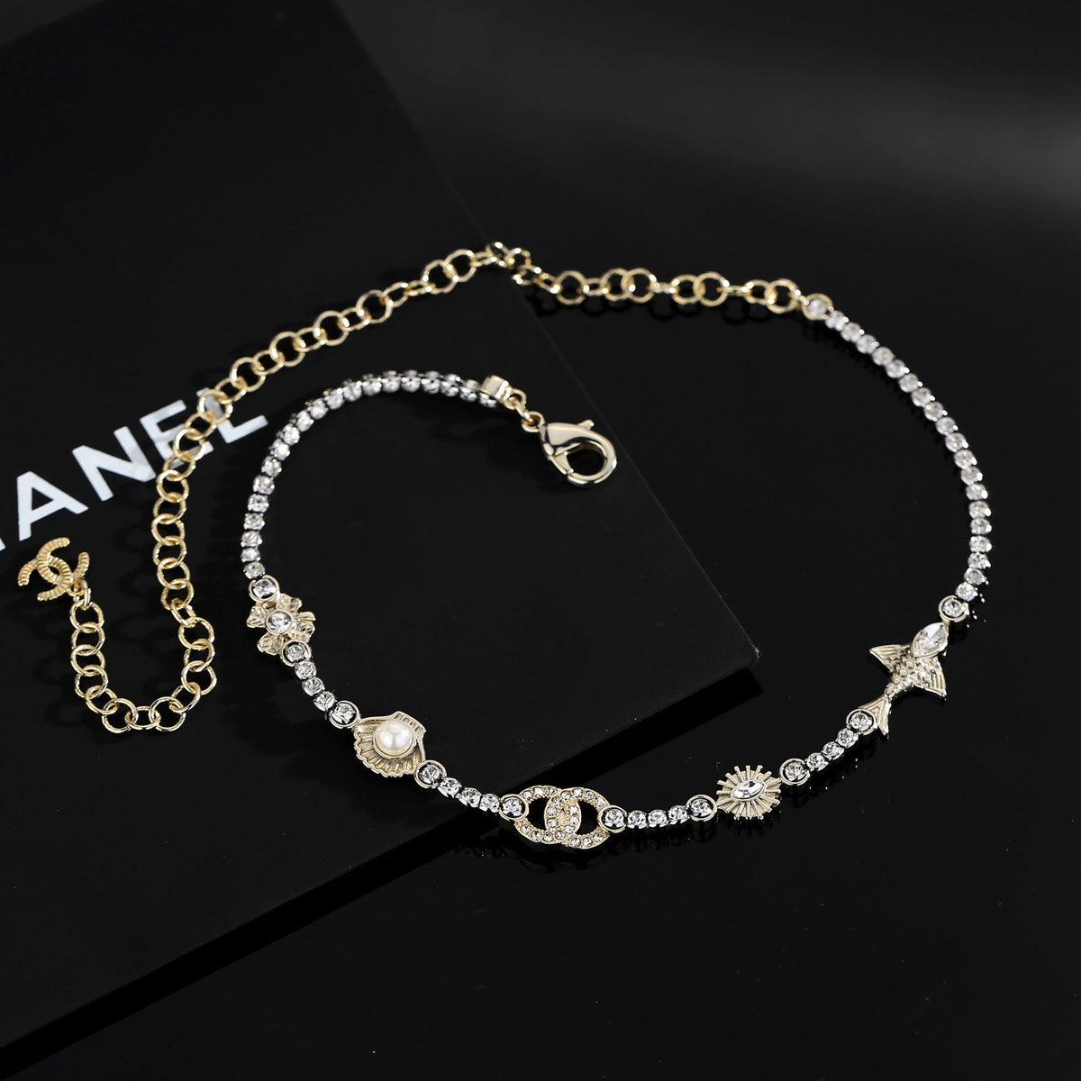 Double-C Emblem Pearl-Detail Pendant Necklace – Pearl Detail – Design 004 front product view