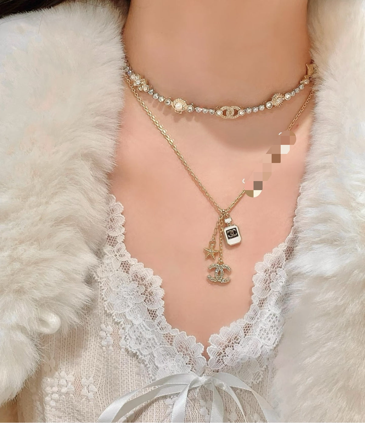 Double-C Emblem Pearl-Detail Pendant Necklace – Pearl Detail styled product view