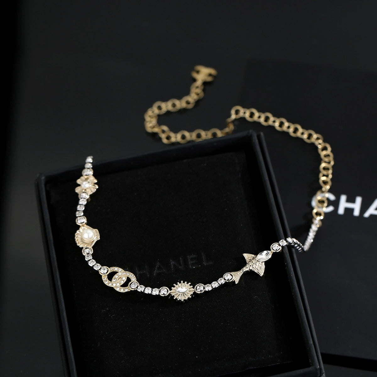 Double-C Emblem Pearl-Detail Pendant Necklace – Pearl Detail – Design 004 front product view