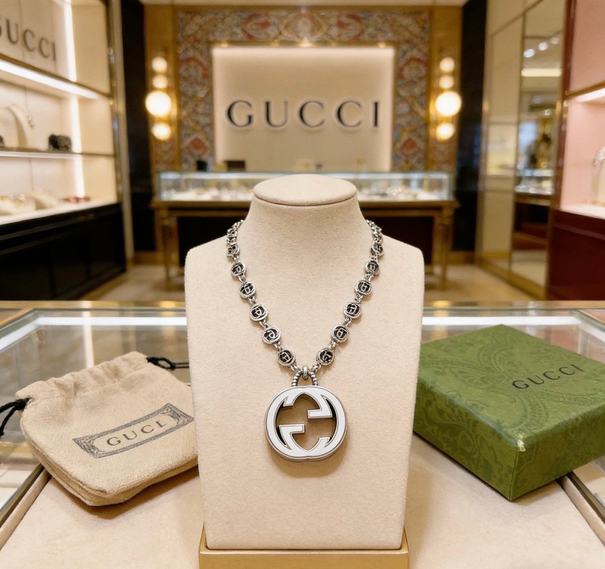 Double-G Emblem Pendant Necklace in Polished Metal-Tone – Design 011 front product view
