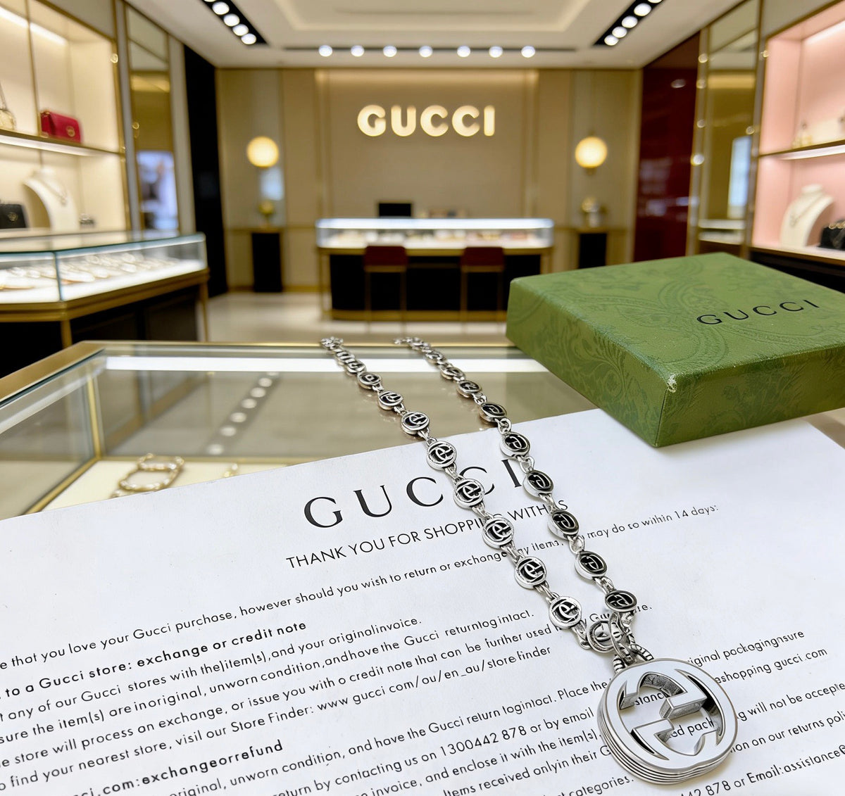 Double-G Emblem Pendant Necklace in Polished Metal-Tone – Design 011 styled product view