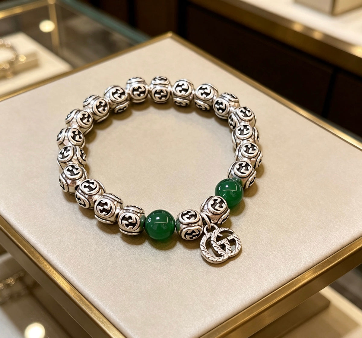 Double-G Emblem Beaded Bracelet in Polished Metal-Tone – Crystal Detail main product view