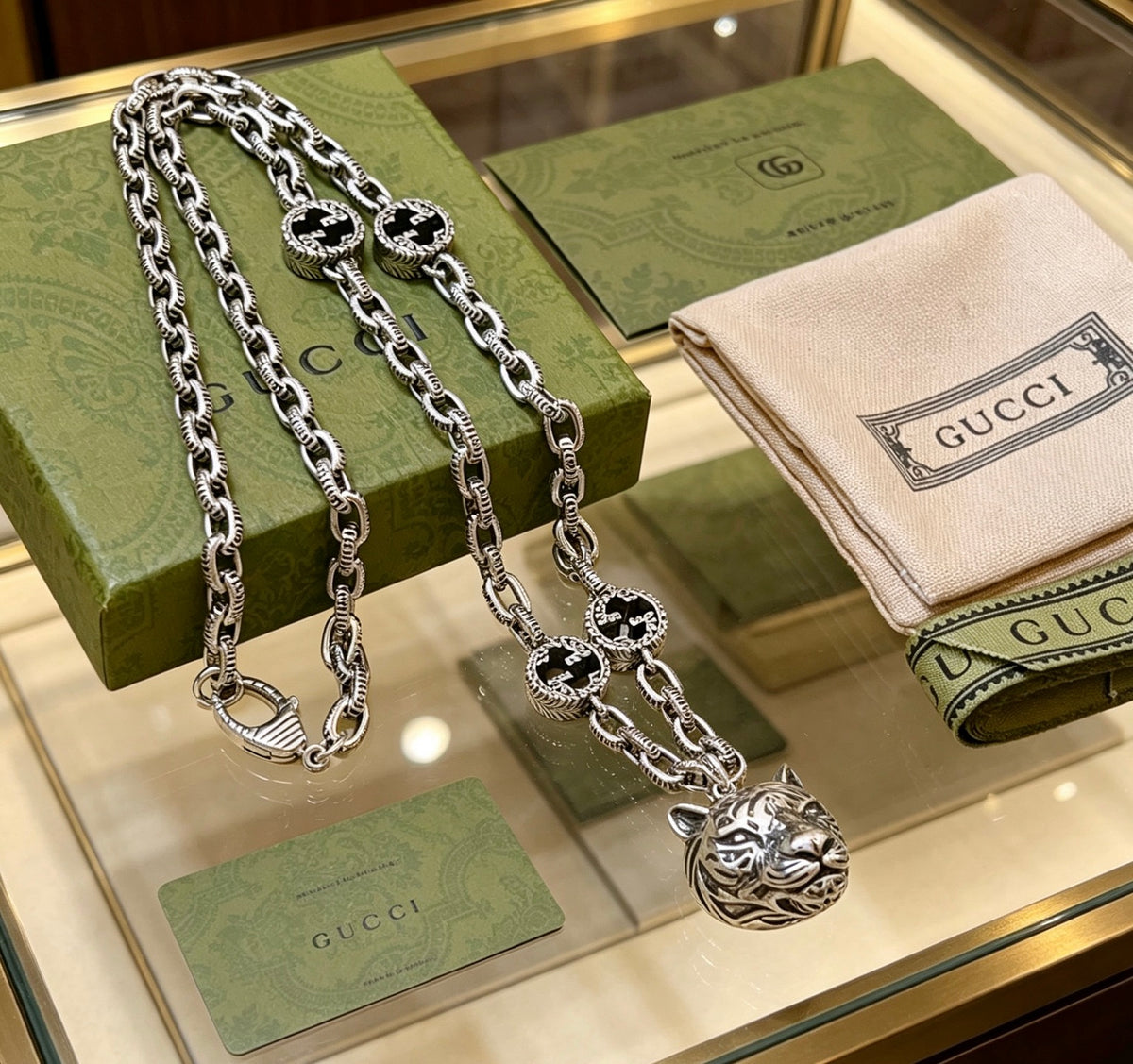 Double-G Emblem Pendant Necklace in Silver-Tone – Vintage Detail – Design 003 front product view