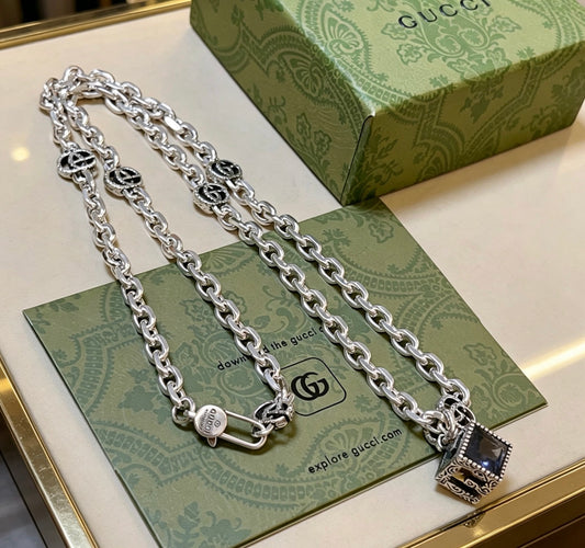 Double-G Emblem Pendant Necklace in Silver-Tone – Vintage Detail – Design 002 main product view