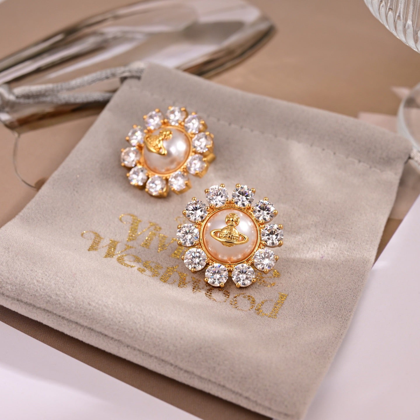 Orb Stud Earrings in Polished Metal-Tone – Design 003 side detail