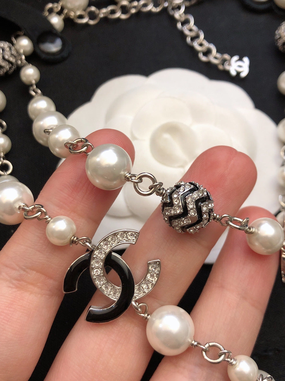 Double-C Emblem Pearl-Detail Pendant Necklace – Pearl Detail – Design 016 close-up detail
