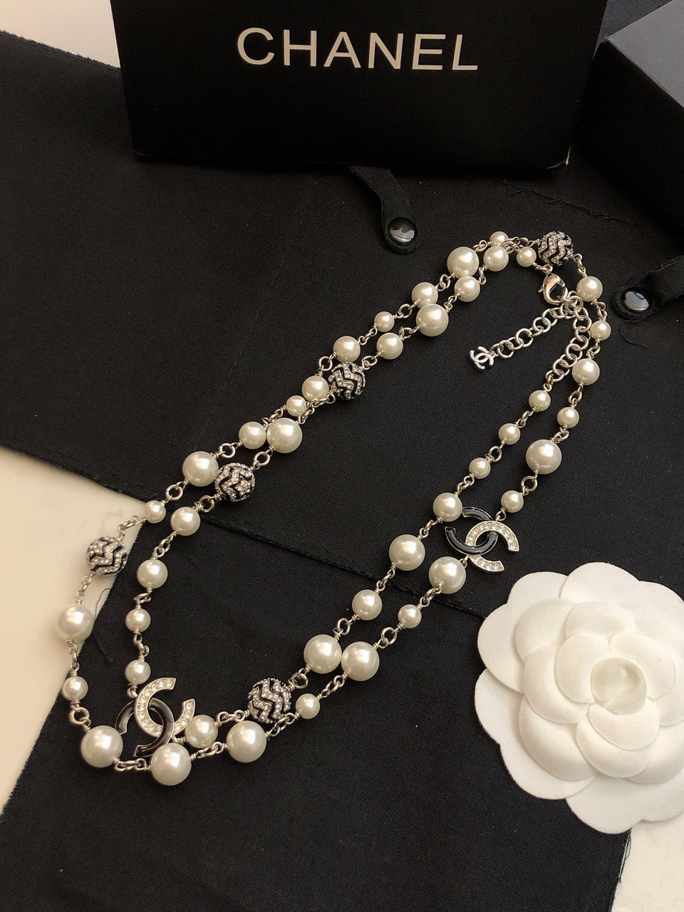 Double-C Emblem Pearl-Detail Pendant Necklace – Pearl Detail – Design 016 styled product view