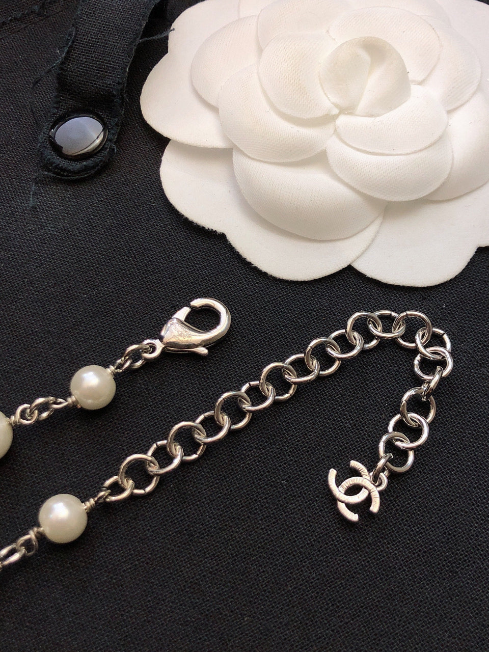 Double-C Emblem Pearl-Detail Pendant Necklace – Pearl Detail – Design 016 front product view