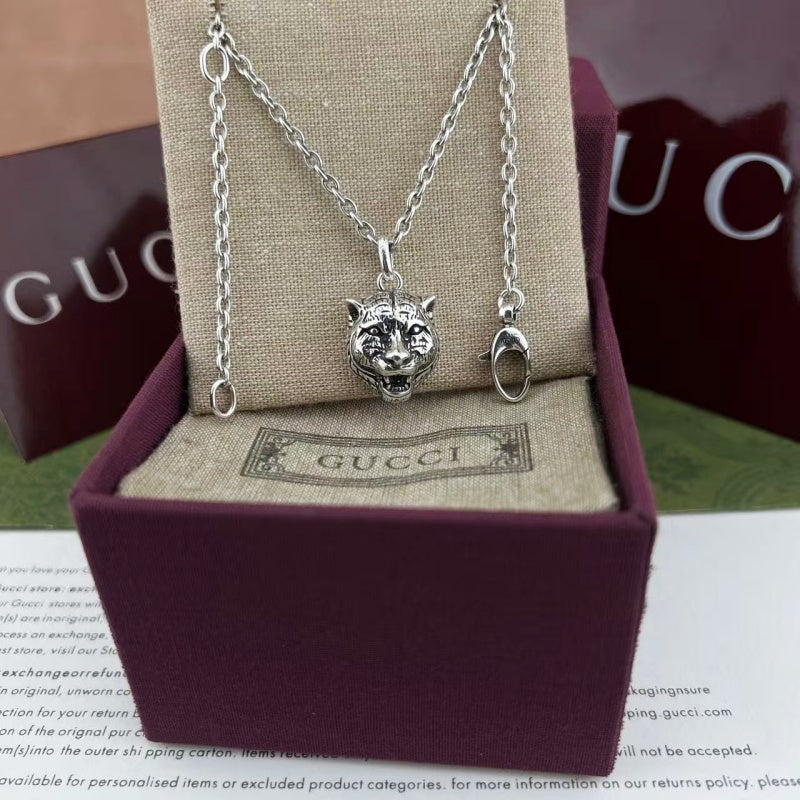 Tiger Head Pendant Necklace in Polished Metal-Tone detail view