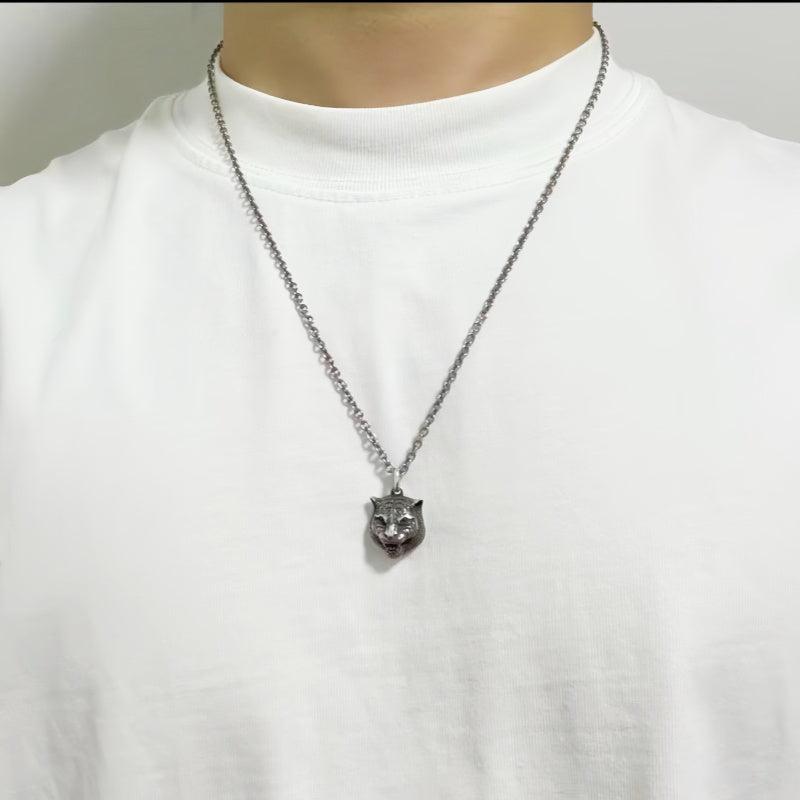 Tiger Head Pendant Necklace in Polished Metal-Tone detail view