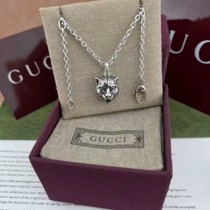 Tiger Head Pendant Necklace in Polished Metal-Tone side detail