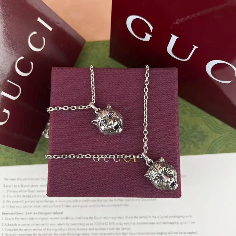 Tiger Head Pendant Necklace in Polished Metal-Tone front product view