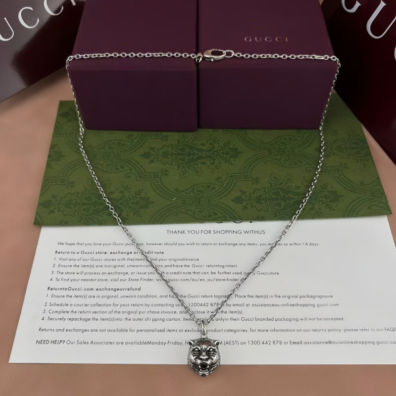 Tiger Head Pendant Necklace in Polished Metal-Tone main product view