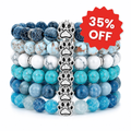 Deep Blue set of 6 bracelets: six shades of blue and turquoise, each with a silver paw charm