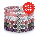 Rose Garden set of 6 bracelets: dusty pink, coral, white, rosewood, deep green and purple, each with a silver paw charm